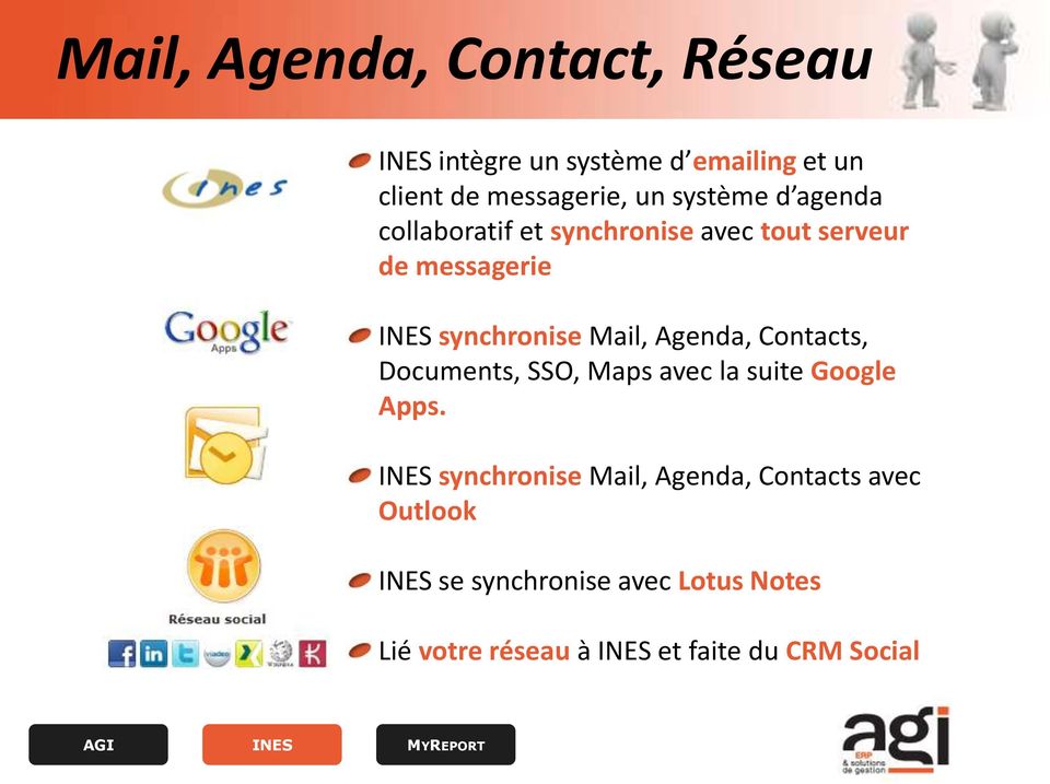 Agenda, Contacts, Documents, SSO, Maps avec la suite Google Apps.