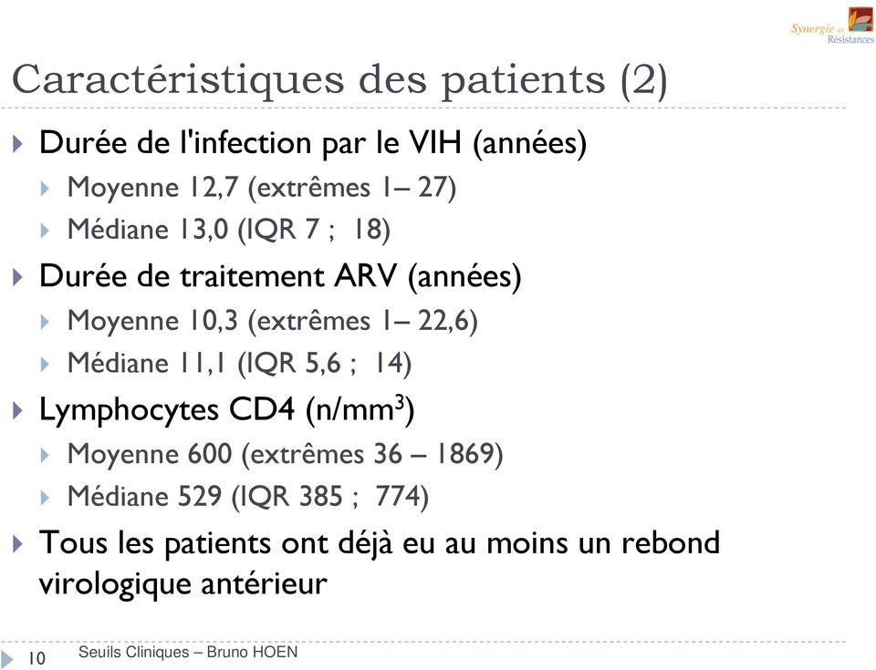 (extrêmes 1 22,6) Médiane 11,1 (IQR 5,6 ; 14) Lymphocytes CD4 (n/mm 3 ) Moyenne 600 (extrêmes