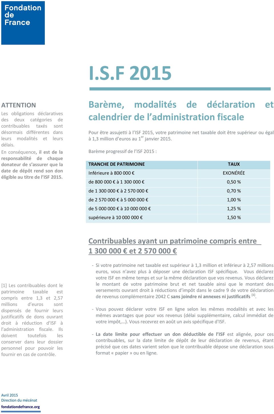 Barème, modalités de déclaration et calendrier de l administration fiscale Pour être assujetti à l ISF 2015, votre patrimoine net taxable doit être supérieur ou égal à 1,3 million d euros au 1 er