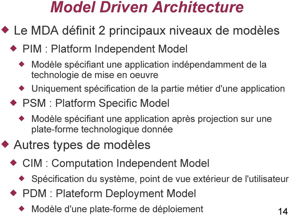 Modèle spécifiant une application après projection sur une plate-forme technologique donnée Autres types de modèles CIM : Computation