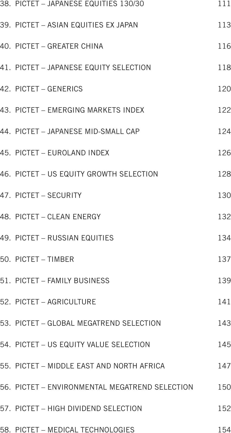 PICTET CLEAN ENERGY 132 49. PICTET RUSSIAN EQUITIES 134 50. PICTET TIMBER 137 51. PICTET FAMILY BUSINESS 139 52. PICTET AGRICULTURE 141 53. PICTET GLOBAL MEGATREND SELECTION 143 54.