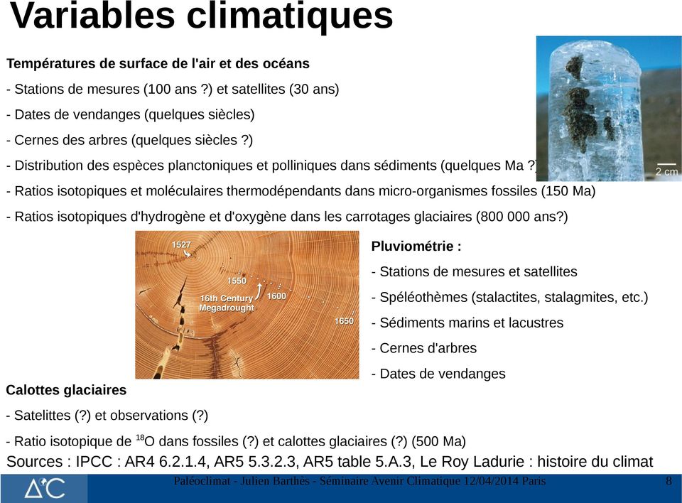 ) - Ratios isotopiques et moléculaires thermodépendants dans micro-organismes fossiles (150 Ma) - Ratios isotopiques d'hydrogène et d'oxygène dans les carrotages glaciaires (800 000 ans?