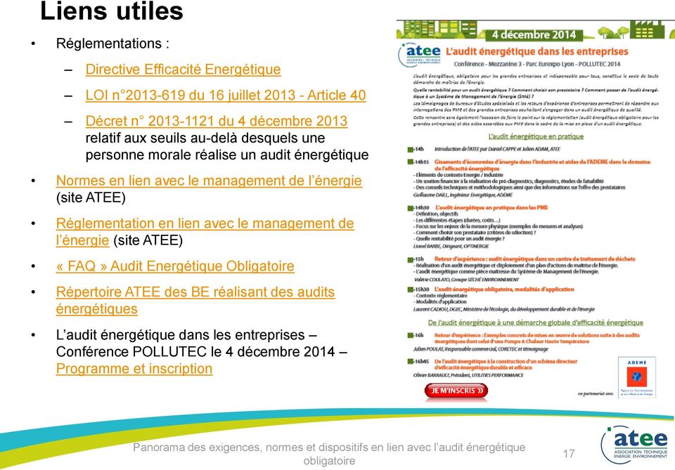 énergie (site ATEE) Réglementation en lien avec le management de l énergie (site ATEE) «FAQ» Audit Energétique Obligatoire Répertoire ATEE