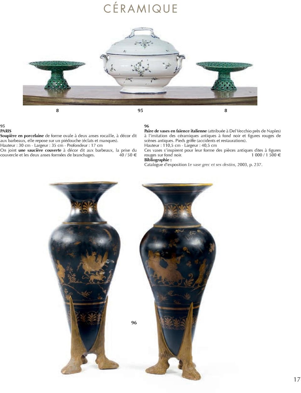 40 / 50 96 Paire de vases en faïence italienne (attribuée à Del Vecchio près de Naples) à l imitation des céramiques antiques à fond noir et figures rouges de scènes antiques.