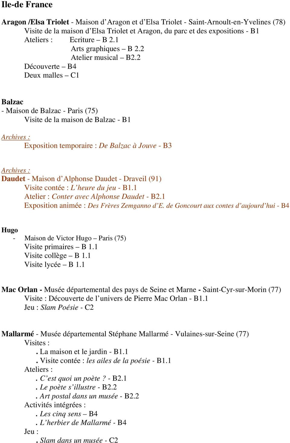 2 Découverte B4 Deux malles C1 Balzac - Maison de Balzac - Paris (75) Visite de la maison de Balzac - B1 Exposition temporaire : De Balzac à Jouve - B3 Daudet - Maison d Alphonse Daudet - Draveil