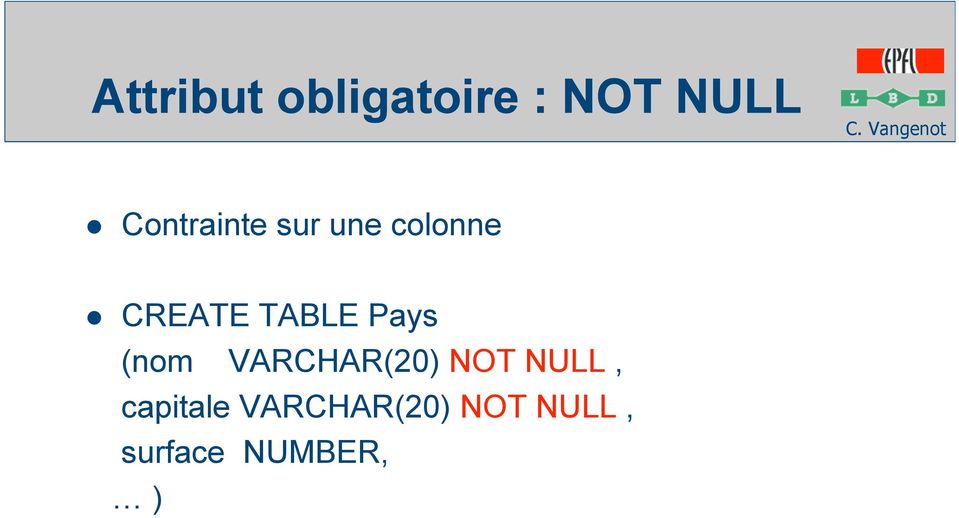 TABLE Pays (nom VARCHAR(20) NOT NULL,