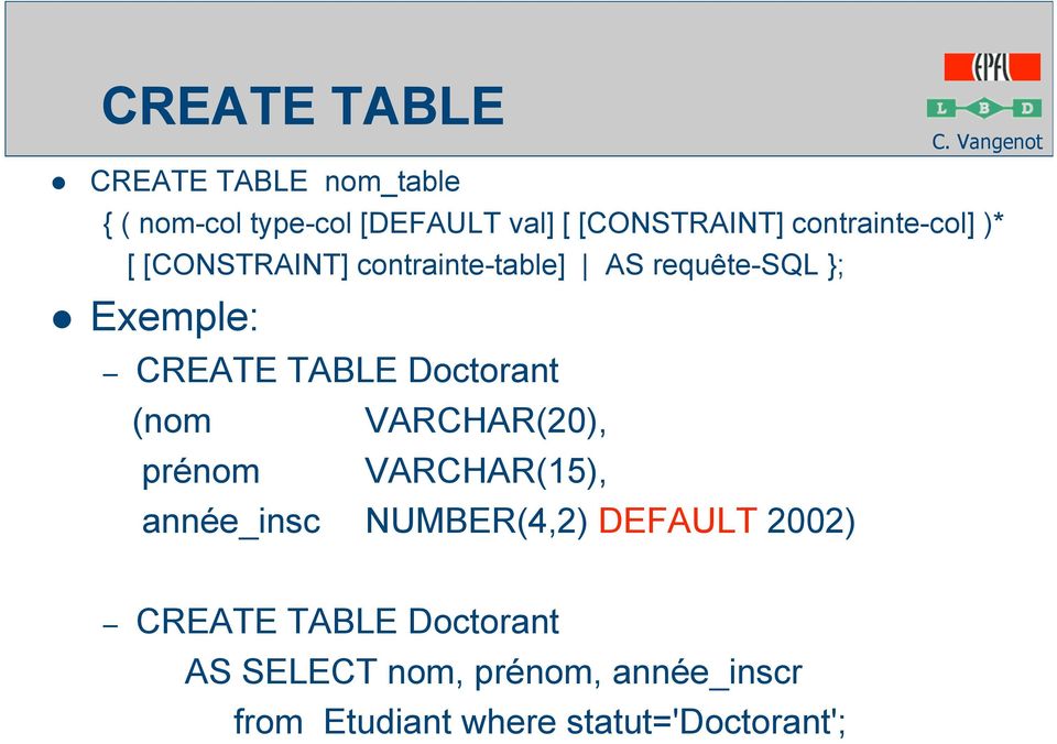 TABLE Doctorant (nom VARCHAR(20), prénom VARCHAR(15), année_insc NUMBER(4,2) DEFAULT 2002)