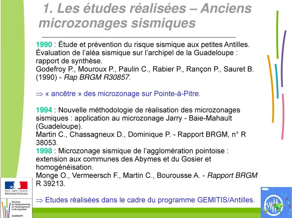 «ancêtre» des microzonage sur Pointe-à-Pitre. 1994 : Nouvelle méthodologie de réalisation des microzonages sismiques : application au microzonage Jarry - Baie-Mahault (Guadeloupe). Martin C.