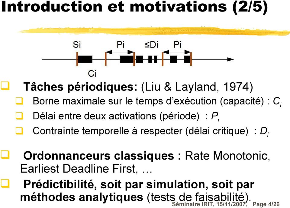 (délai critique) : D i Ordonnanceurs classiques : Rate Monotonic, Earliest Deadline First, Prédictibilité,