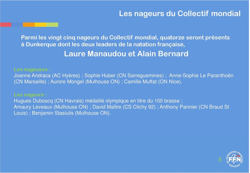 Paranthoën (CN Marseille) ; Aurore Mongel (Mulhouse ON) ; Camille Muffat (ON Nice).