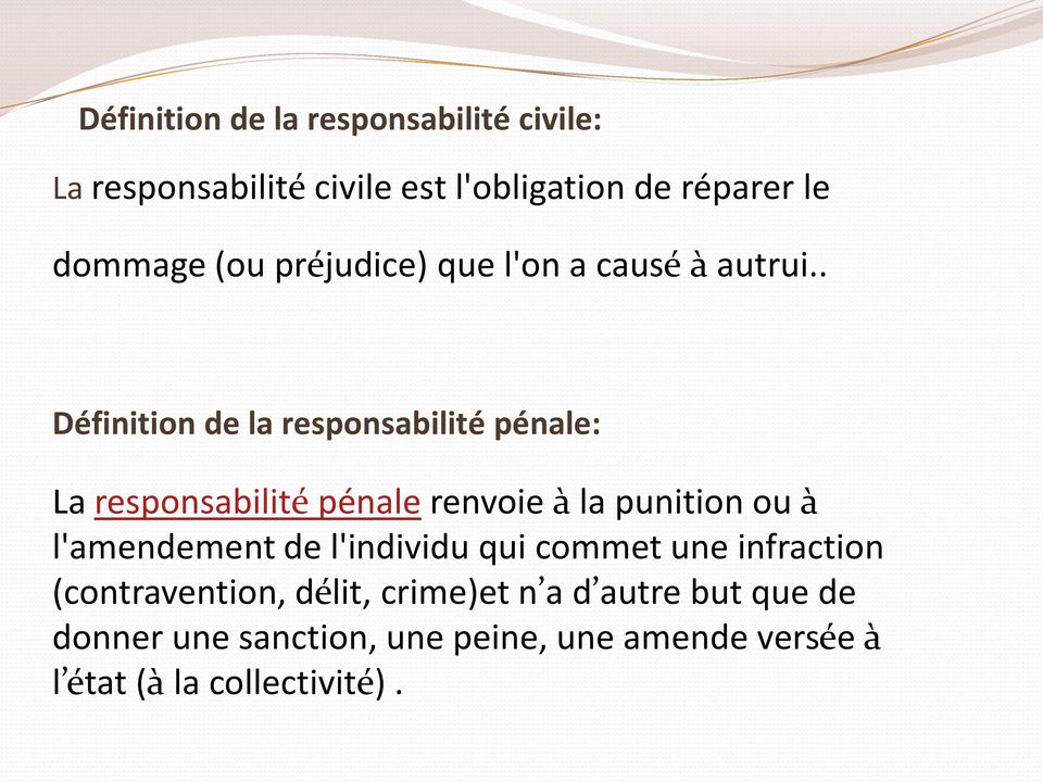 . Définition de la responsabilité pénale: La responsabilité pénale renvoie à la punition ou à l'amendement