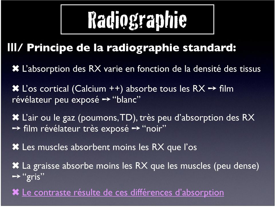 TD), très peu d absorption des RX film révélateur très exposé noir Les muscles absorbent moins les RX que l os