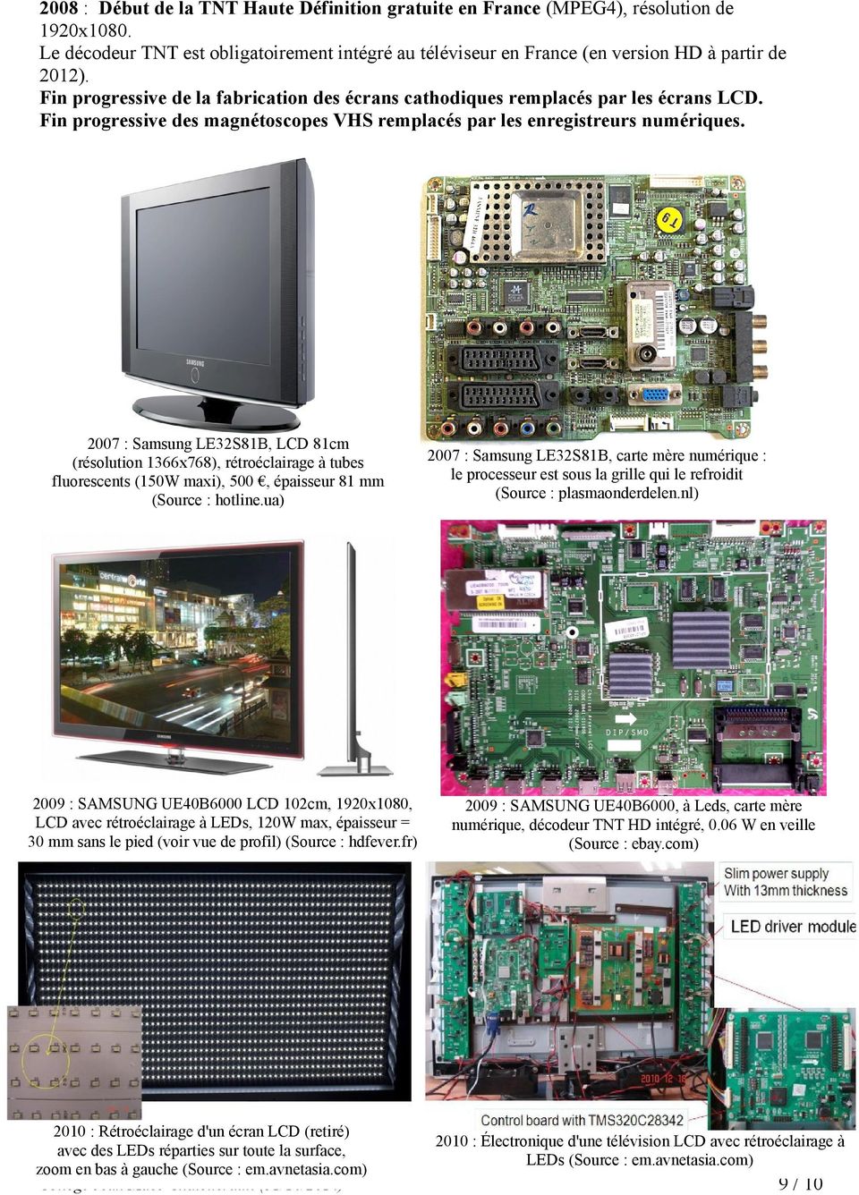 2007 : Samsung LE32S81B, LCD 81cm (résolution 1366x768), rétroéclairage à tubes fluorescents (150W maxi), 500, épaisseur 81 mm (Source : hotline.