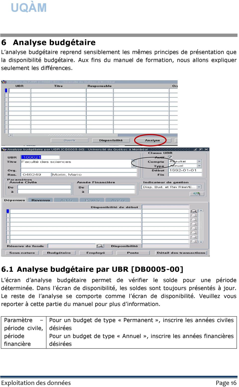 1 Analyse budgétaire par UBR [DB0005-00] L écran d analyse budgétaire permet de vérifier le solde pour une période déterminée.