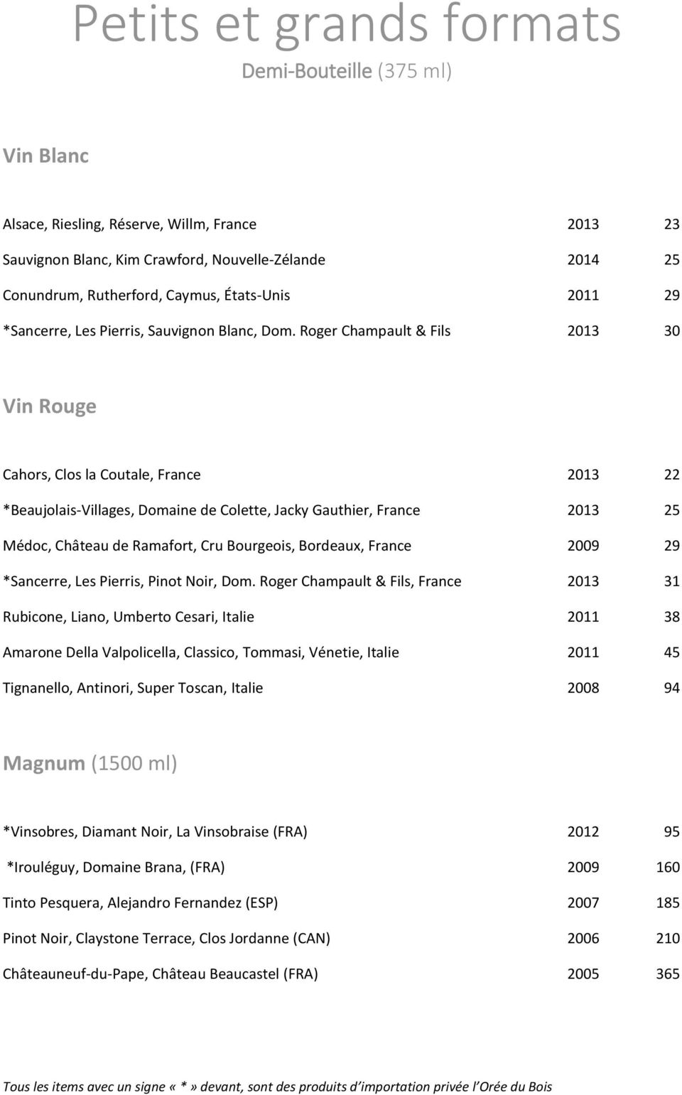 Roger Champault & Fils 2013 30 Vin Rouge Cahors, Clos la Coutale, France 2013 22 *Beaujolais-Villages, Domaine de Colette, Jacky Gauthier, France 2013 25 Médoc, Château de Ramafort, Cru Bourgeois,