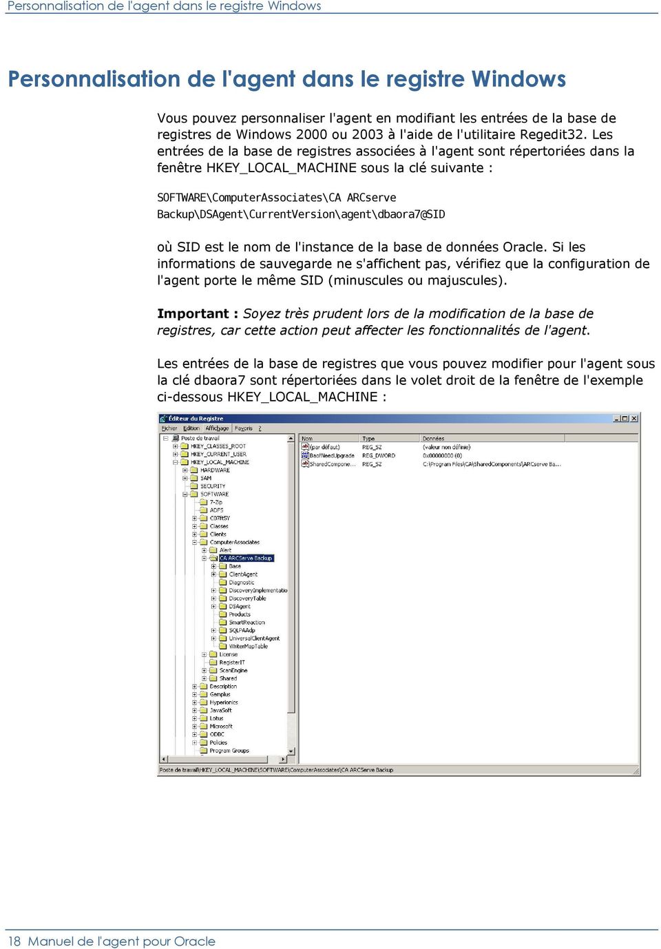Les entrées de la base de registres associées à l'agent sont répertoriées dans la fenêtre HKEY_LOCAL_MACHINE sous la clé suivante : SOFTWARE\ComputerAssociates\CA ARCserve