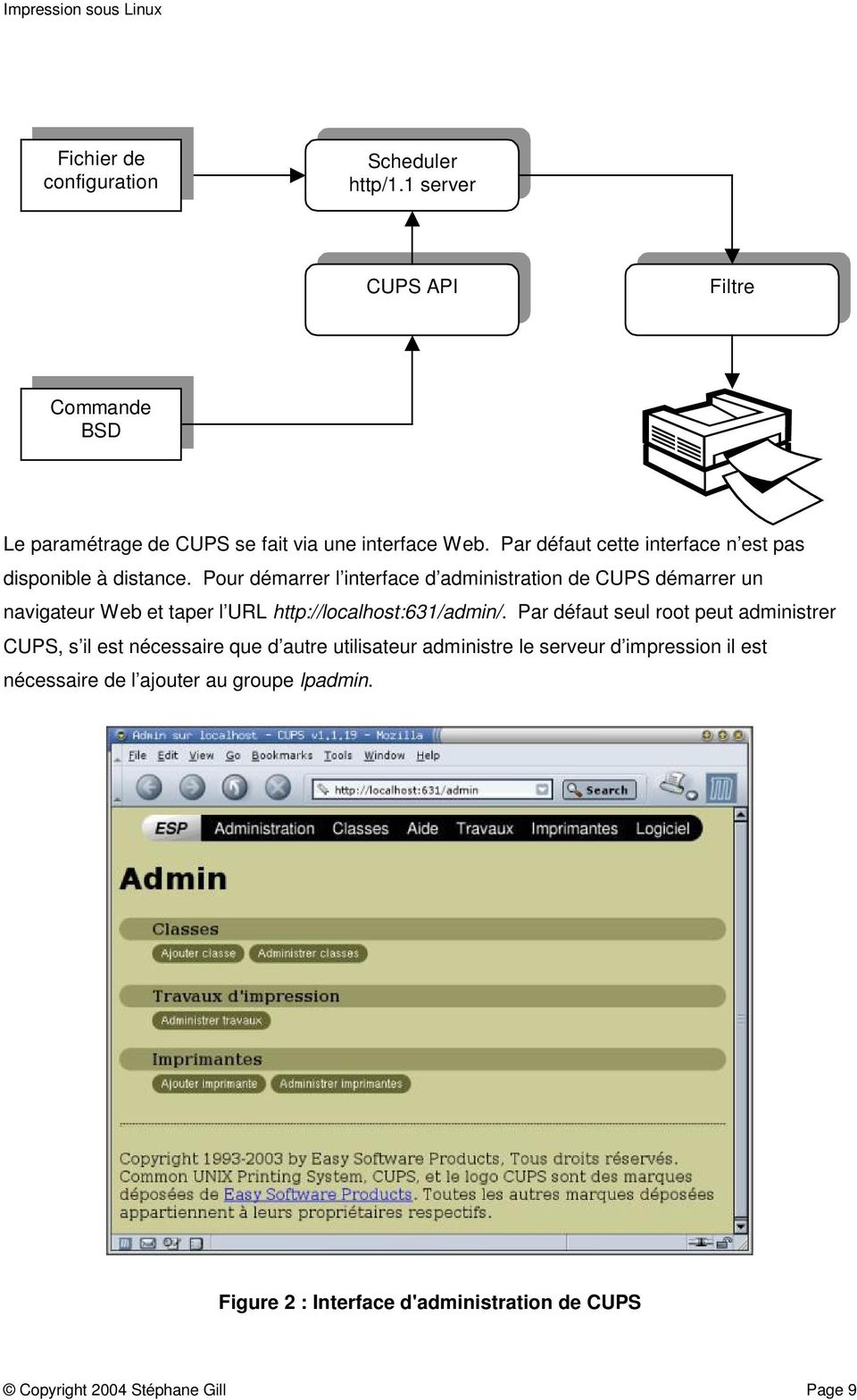 Pour démarrer l interface d administration de CUPS démarrer un navigateur Web et taper l URL http://localhost:631/admin/.