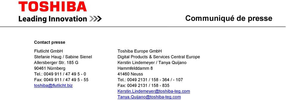 biz Toshiba Europe GmbH Digital Products & Services Central Europe Kerstin Lindemeyer / Tanya Quijano