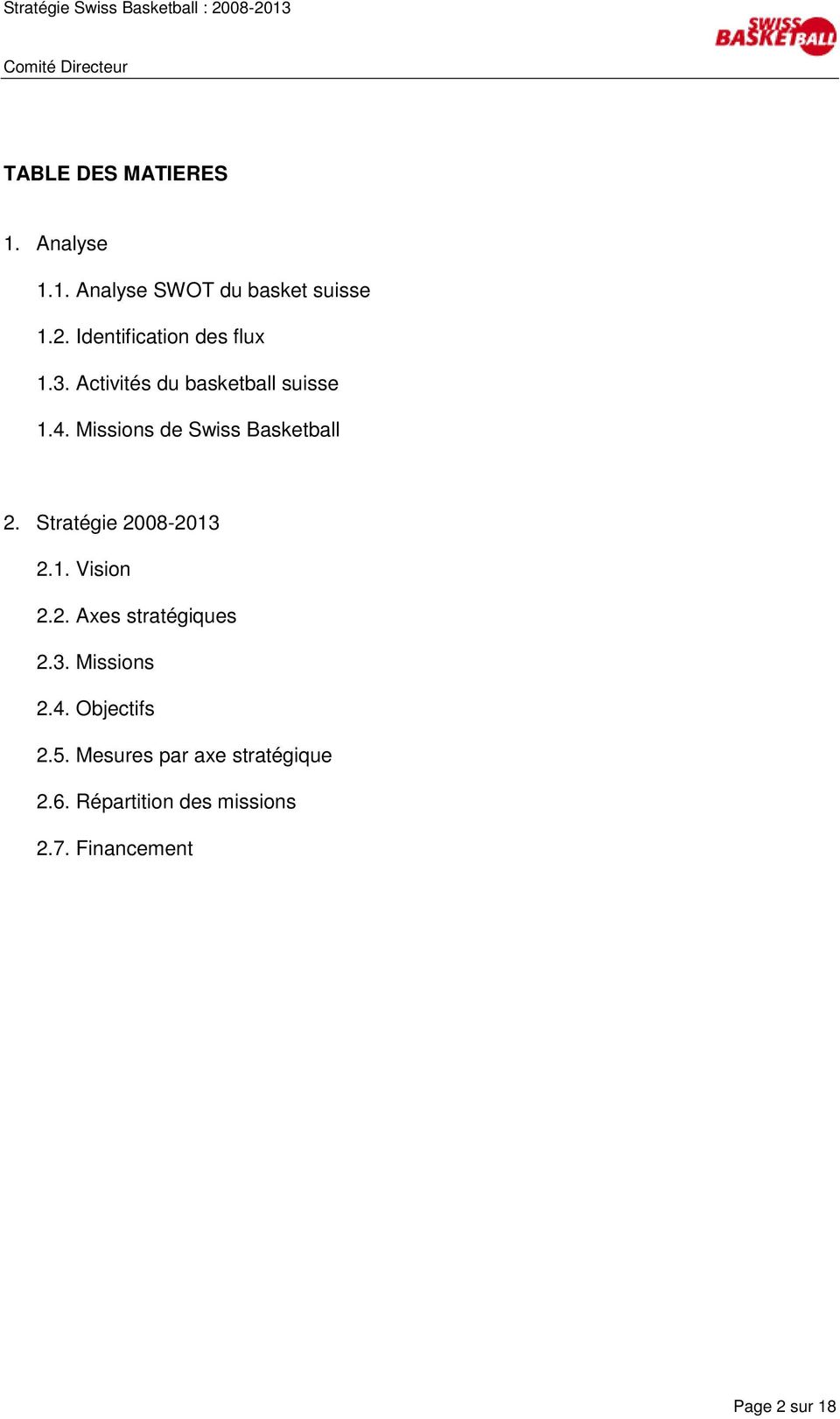 Missions de Swiss Basketball 2. Stratégie 2008-2013 2.1. Vision 2.2. Axes stratégiques 2.