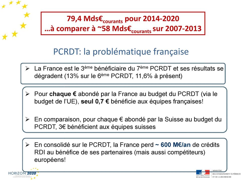 budget de l UE), seul 0,7 bénéficie aux équipes françaises!
