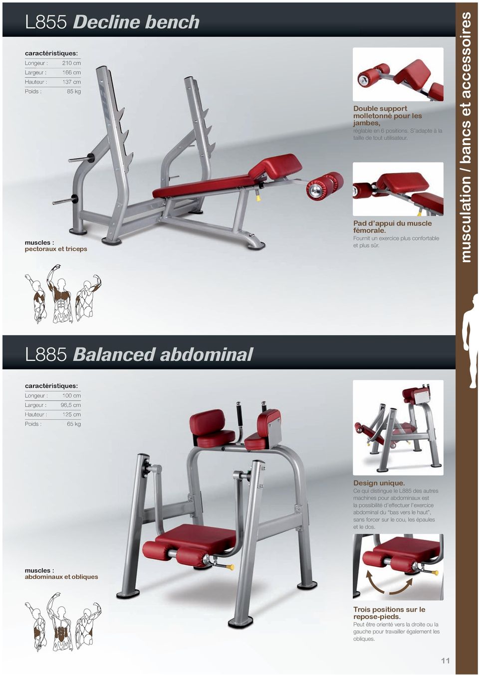 musculation / bancs et accessoires L885 Balanced abdominal Longeur : 100 cm Largeur : 96,5 cm Hauteur : 125 cm Poids : 65 kg Design unique.