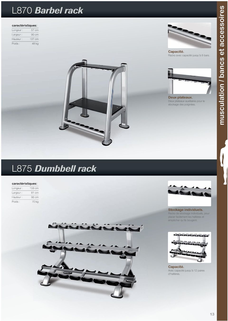 musculation / bancs et accessoires L875 Dumbbell rack Longeur : 159 cm Largeur : 81 cm Hauteur : 98 cm Poids : 70 kg