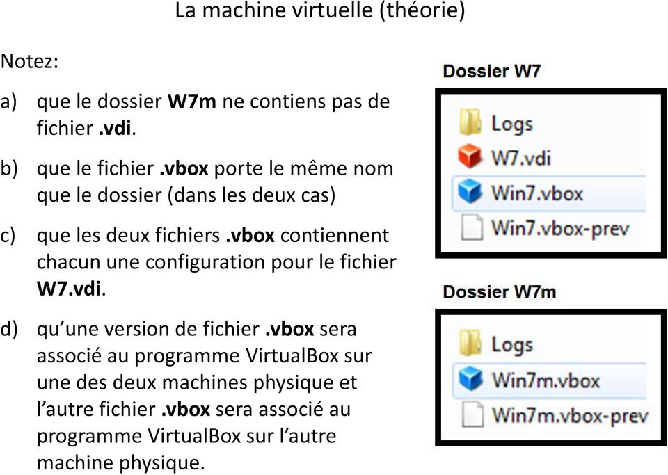 vboxcontiennent chacun une configuration pour le fichier W7.vdi. d) qu une version de fichier.