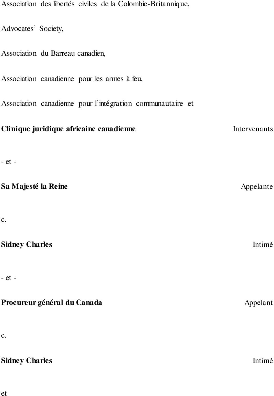 intégration communautaire et Clinique juridique africaine canadienne Intervenants - et - Sa Majesté