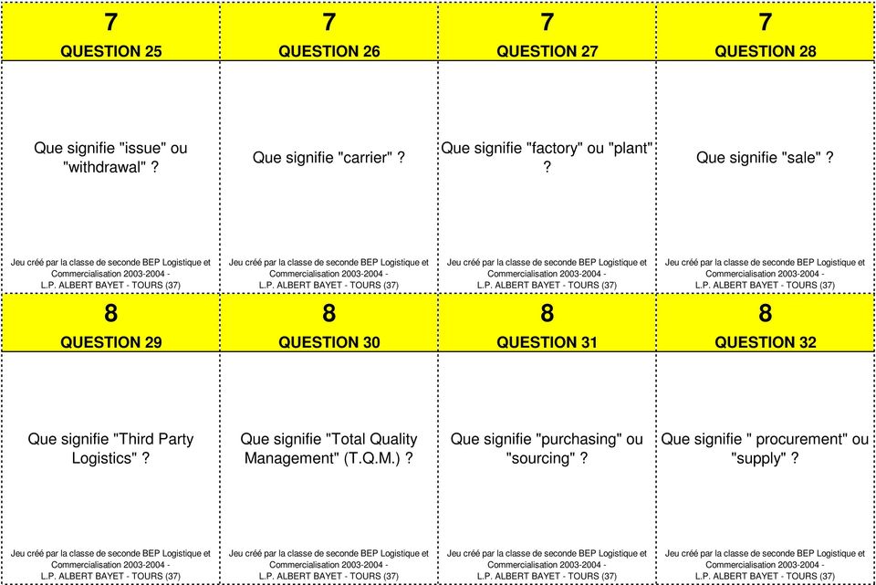 8 8 8 8 QUESTION 29 QUESTION 30 QUESTION 31 QUESTION 32 Que signifie "Third Party Logistics"?