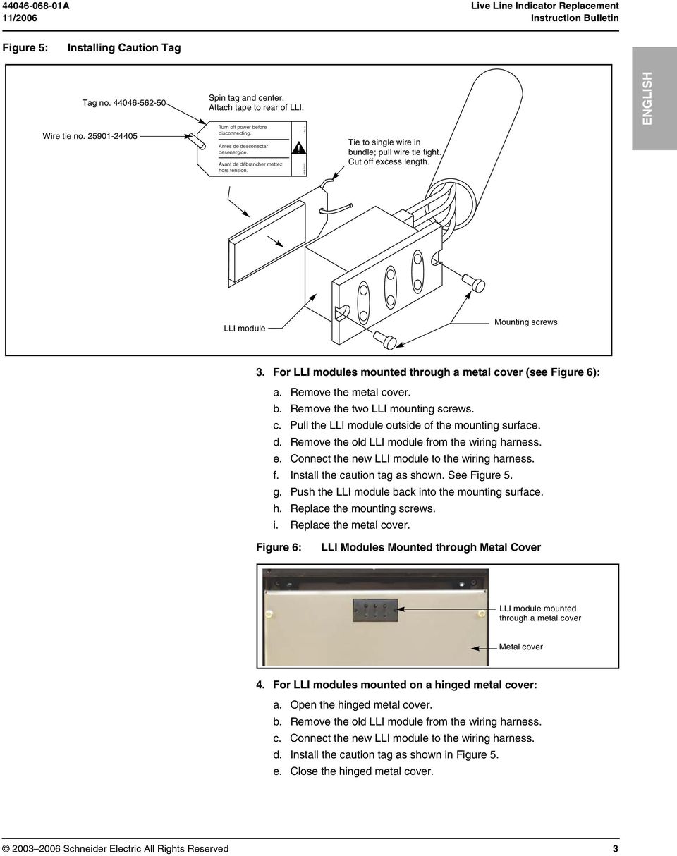 - 0 Tie to single wire in bundle; pull wire tie tight. Cut off excess length. ENGLISH LLI module Mounting screws 3. For LLI modules mounted through a metal cover (see Figure 6): a.