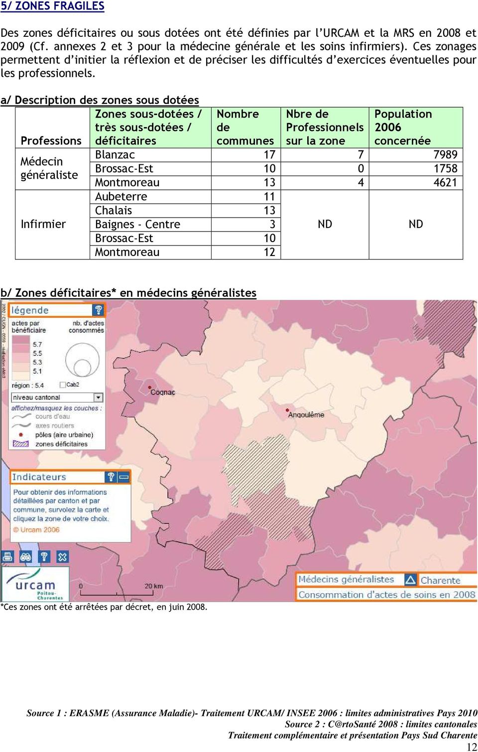 a/ Description des zones sous dotées Zones sous-dotées / Nombre Nbre de Population très sous-dotées / de Professionnels 2006 Professions déficitaires communes sur la zone concernée Blanzac