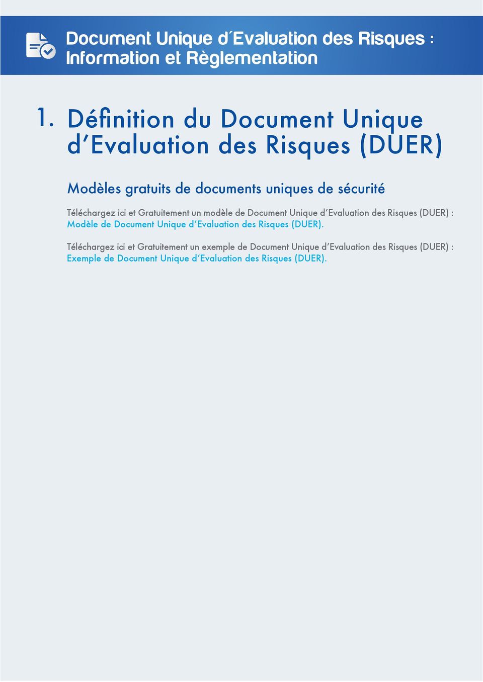 Modèle de Document Unique d Evaluation des Risques (DUER).