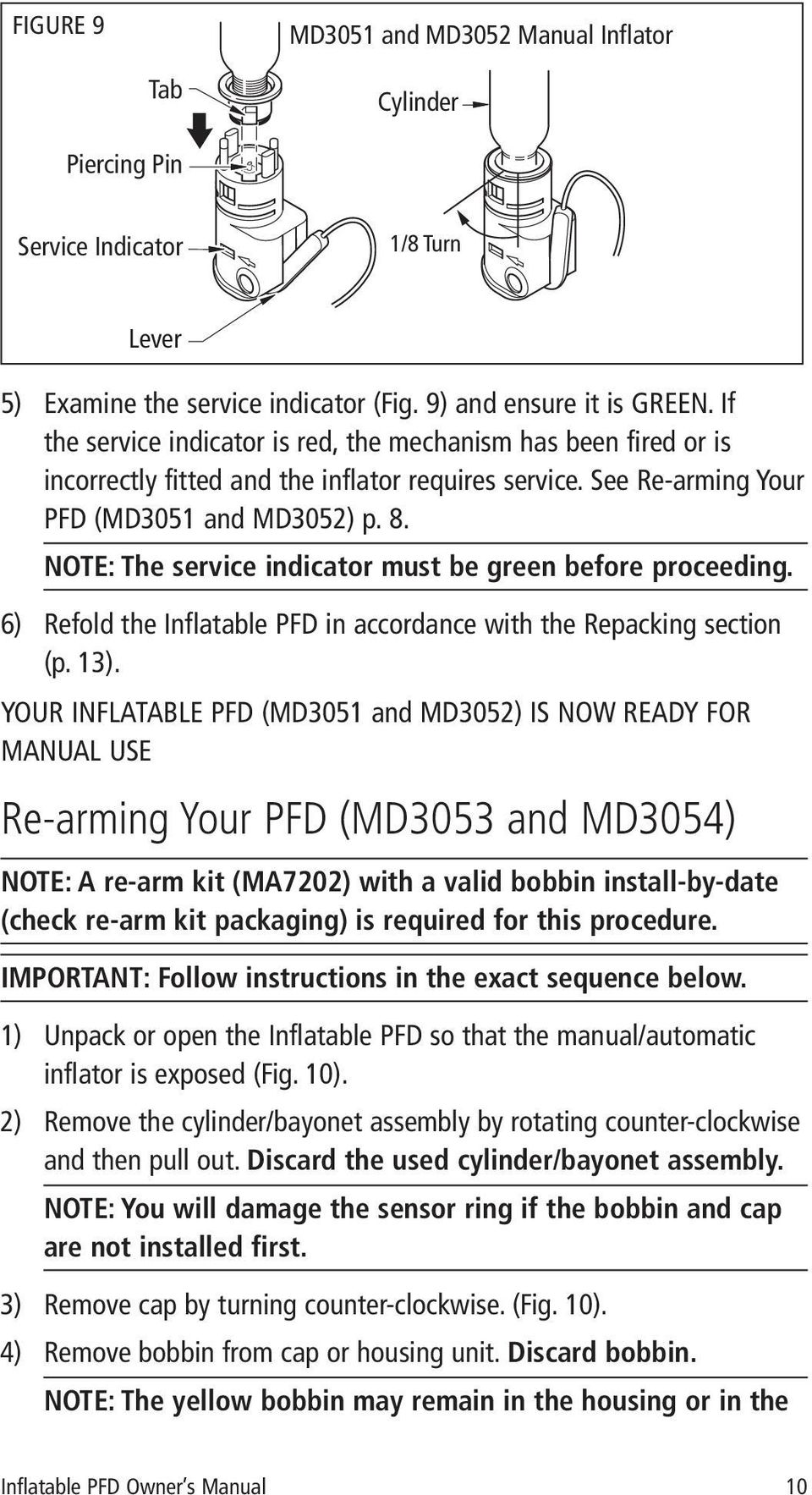 NOTE: The service indicator must be green before proceeding. 6) Refold the Inflatable PFD in accordance with the Repacking section (p. 13).