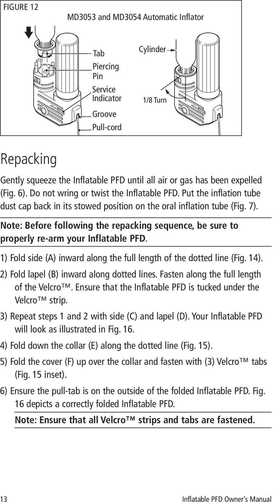 Note: Before following the repacking sequence, be sure to properly re-arm your Inflatable PFD. 1) Fold side (A) inward along the full length of the dotted line (Fig. 14).