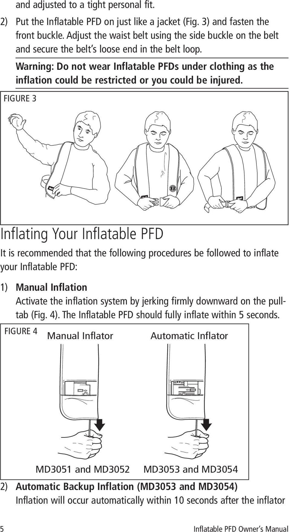 Warning: Do not wear Inflatable PFDs under clothing as the inflation could be restricted or you could be injured.