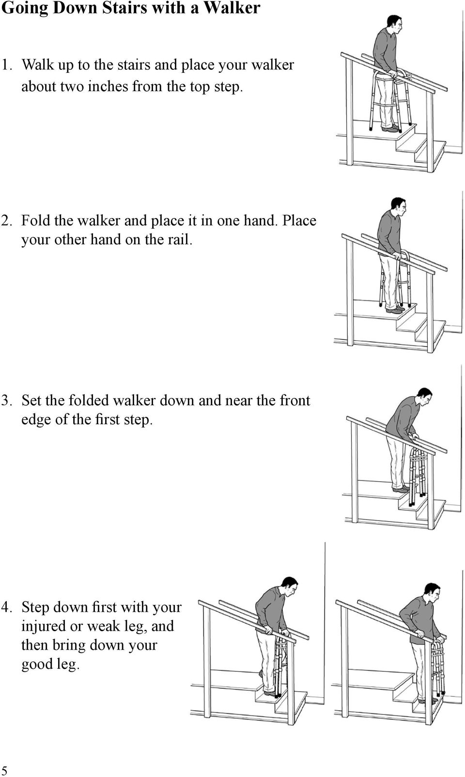 Fold the walker and place it in one hand. Place your other hand on the rail. 3.