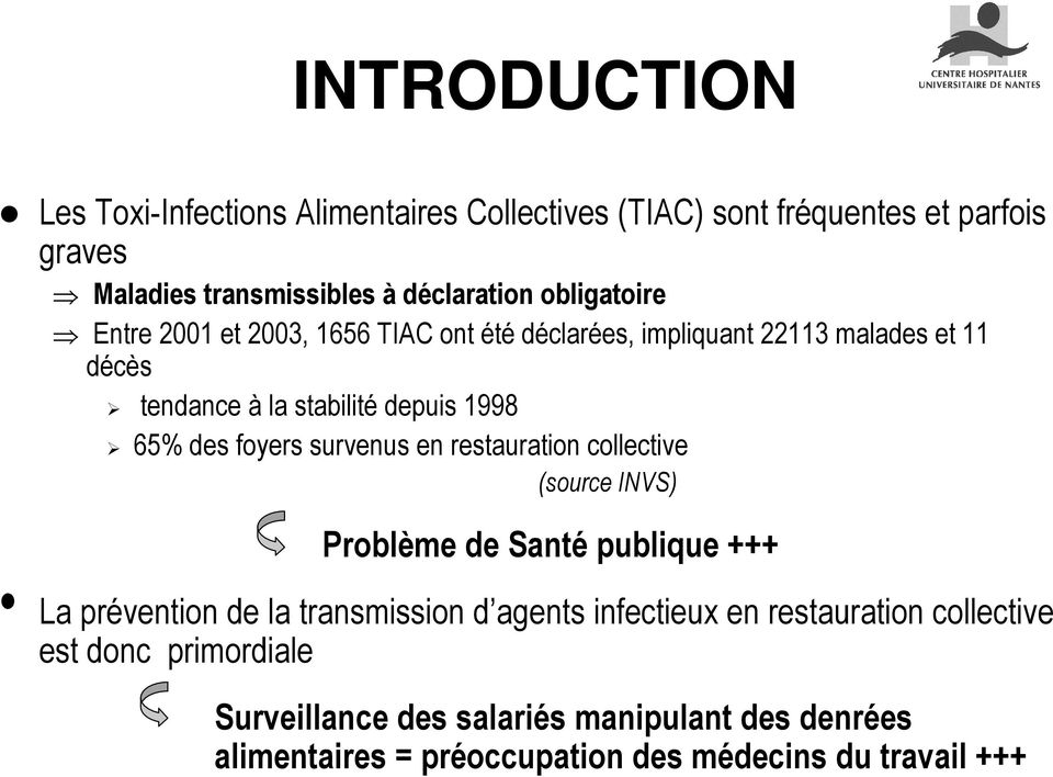 foyers survenus en restauration collective (source INVS) Problème de Santé publique +++ La prévention de la transmission d agents infectieux en