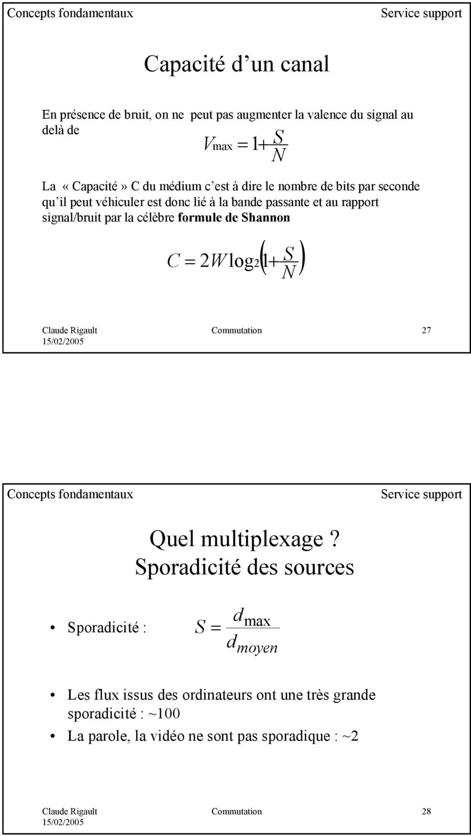 célèbre formule de Shannon ( ) C = 2Wlog 1+ N S 2 Commutation 27 Concepts fondamentaux Service support Quel multiplexage?