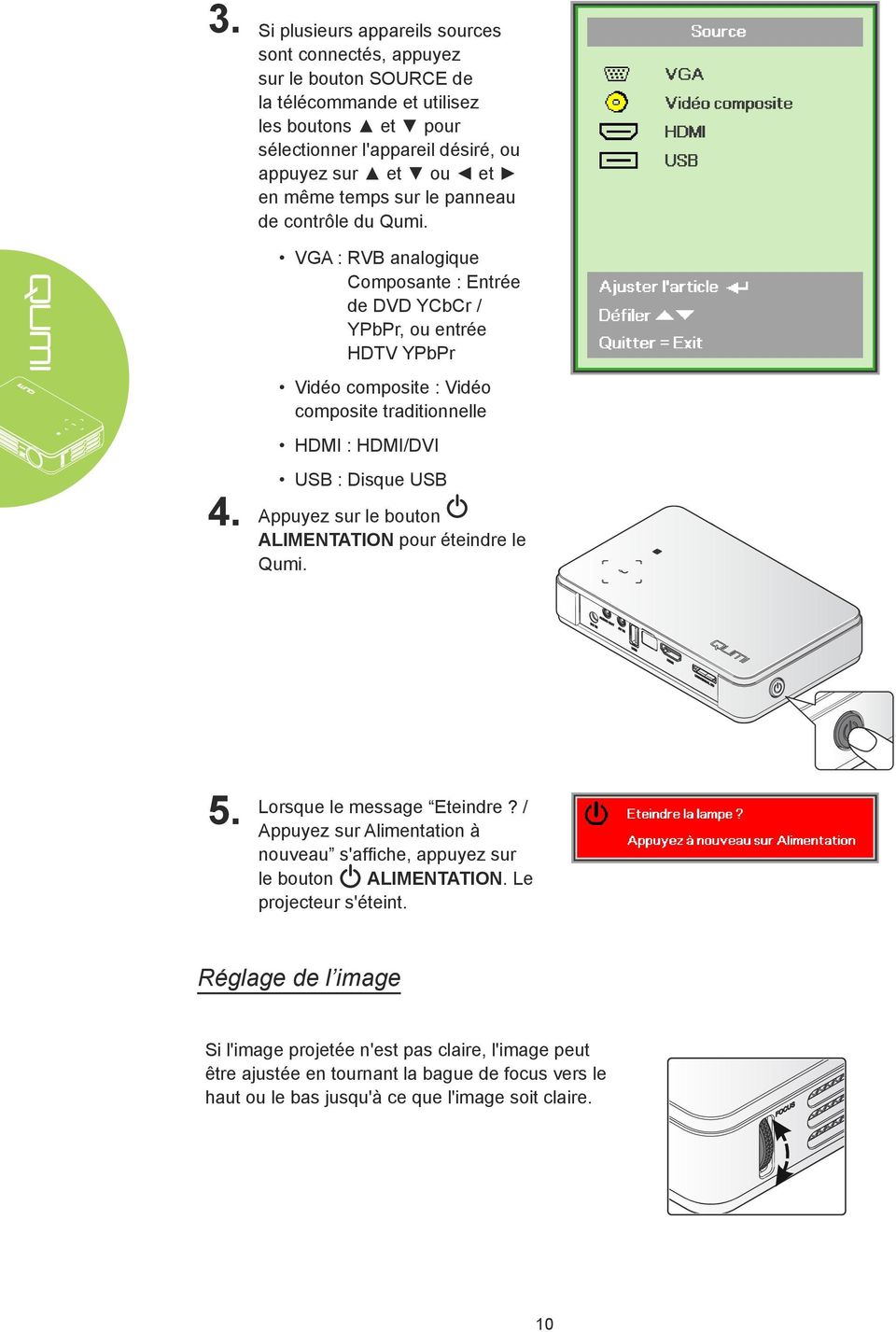 VGA : RVB analogique Composante : Entrée de DVD YCbCr / YPbPr, ou entrée HDTV YPbPr Vidéo composite : Vidéo composite traditionnelle HDMI : HDMI/DVI USB : Disque USB 4.