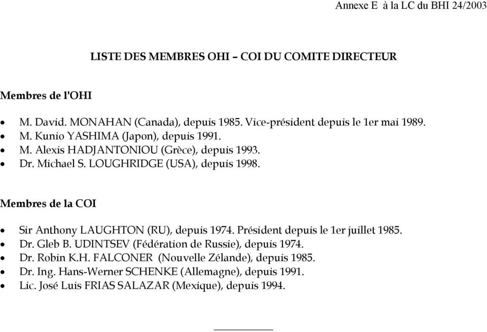 LOUGHRIDGE (USA), depuis 1998. Membres de la COI Sir Anthony LAUGHTON (RU), depuis 1974. Président depuis le 1er juillet 1985. Dr. Gleb B.