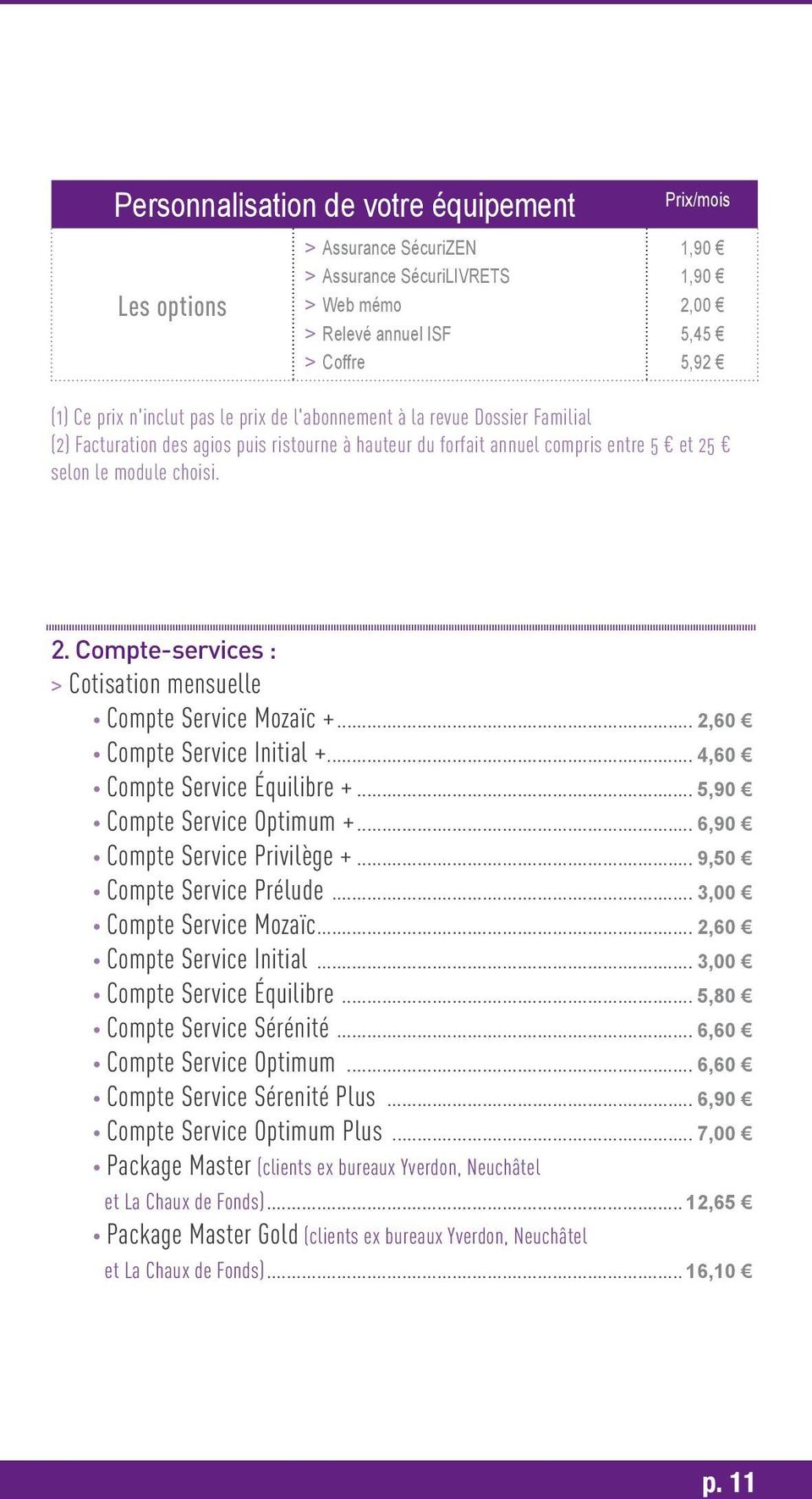 selon le module choisi. 2. Compte-services : > Cotisation mensuelle Compte Service Mozaïc +... 2,60 Compte Service Initial +... 4,60 Compte Service Équilibre +... 5,90 Compte Service Optimum +.
