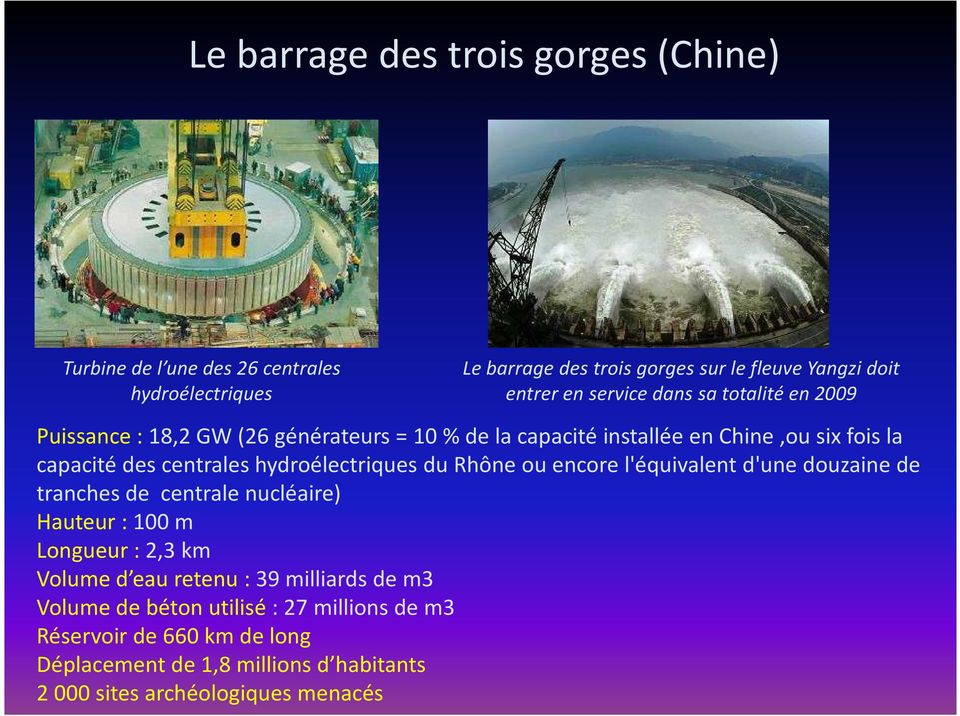 hydroélectriques du Rhône ou encore l'équivalent d'une douzaine de tranches de centrale nucléaire) Hauteur : 100 m Longueur :2,3 km Volume d eau retenu