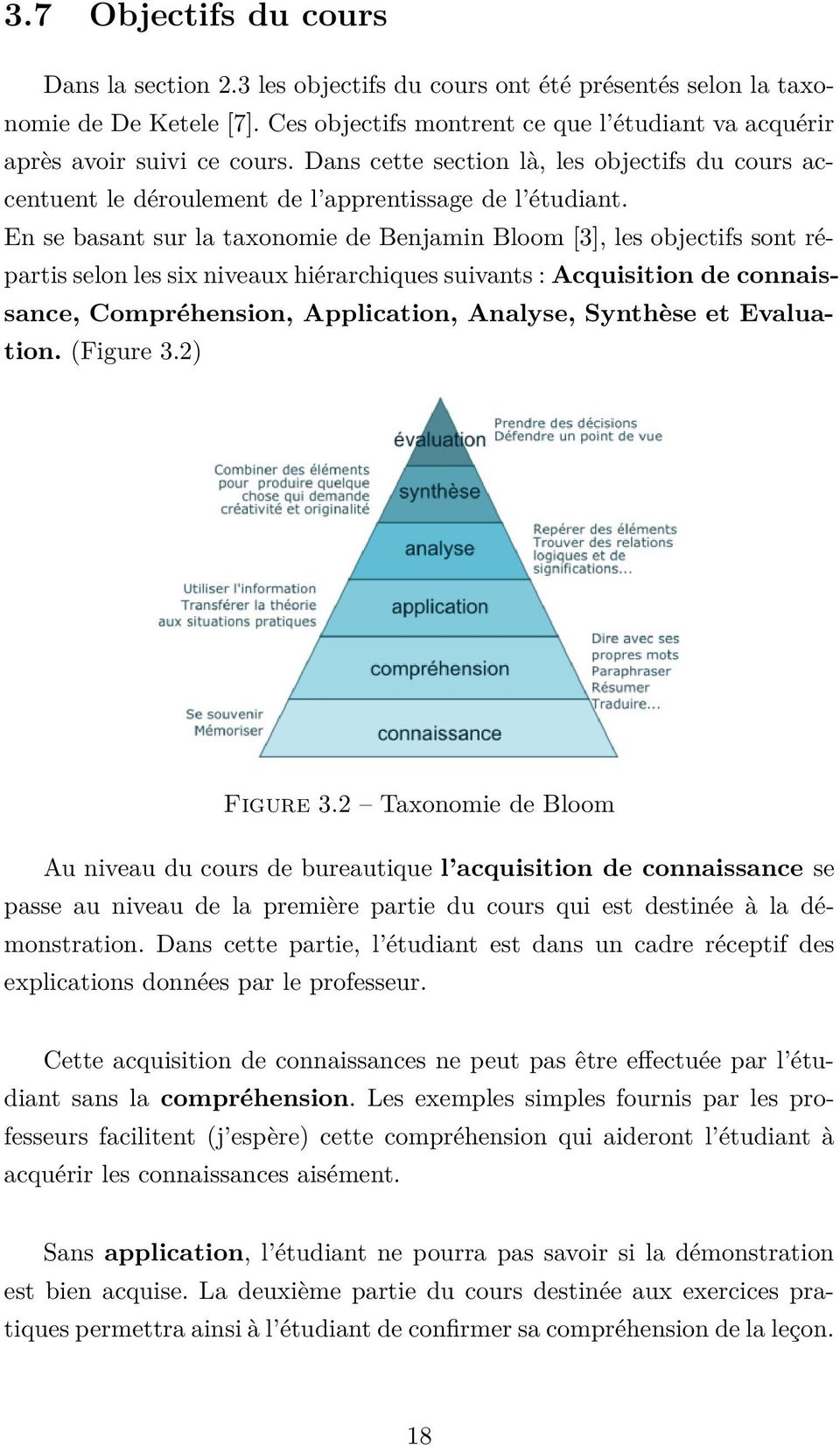 En se basant sur la taxonomie de Benjamin Bloom [3], les objectifs sont répartis selon les six niveaux hiérarchiques suivants : Acquisition de connaissance, Compréhension, Application, Analyse,