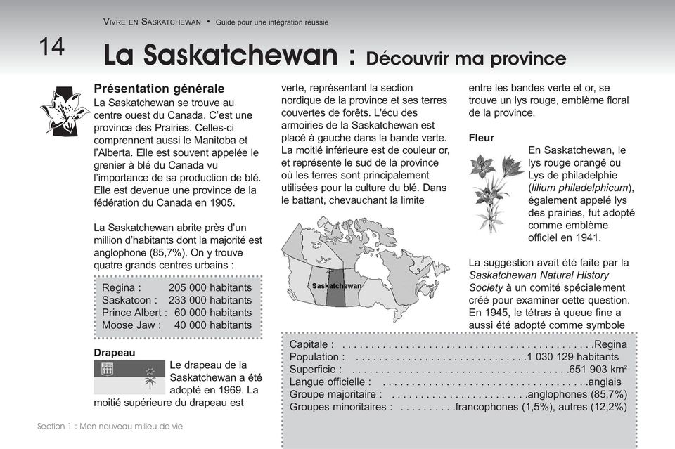 La Saskatchewan abrite près d un million d habitants dont la majorité est anglophone (85,7%). On y trouve quatre grands centres urbains : Drapeau Le drapeau de la Saskatchewan a été adopté en 1969.