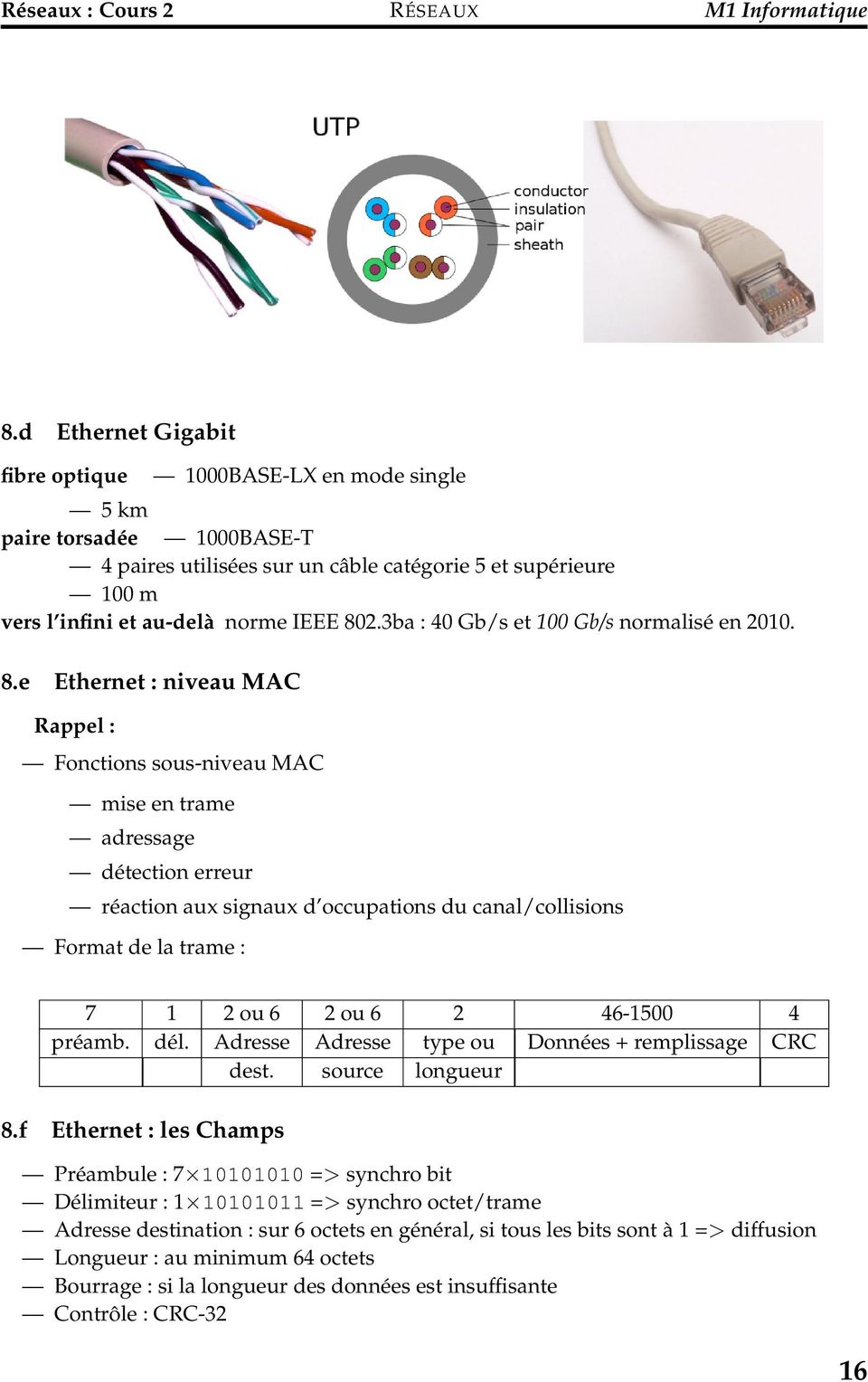 e Ethernet : niveau MAC Rappel : Fonctions sous-niveau MAC mise en trame adressage détection erreur réaction aux signaux d occupations du canal/collisions Format de la trame : 7 1 2 ou 6 2 ou 6 2