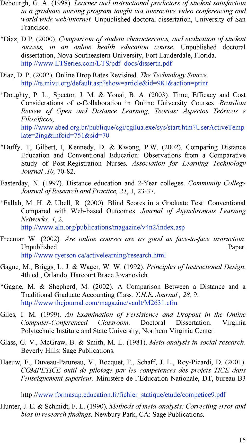 Unpublished doctoral dissertation, Nova Southeastern University, Fort Lauderdale, Florida. http://www.ltseries.com/lts/pdf_docs/dissertn.pdf Diaz, D. P. (2002). Online Drop Rates Revisited.