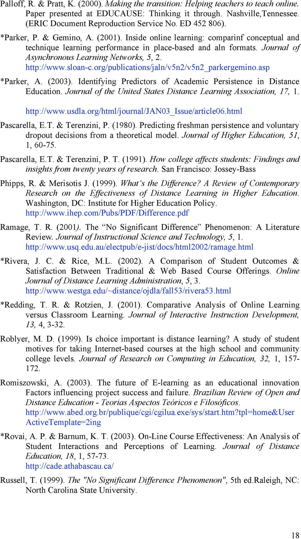 Journal of Asynchronous Learning Networks, 5, 2. http://www.sloan-c.org/publications/jaln/v5n2/v5n2_parkergemino.asp *Parker, A. (2003).