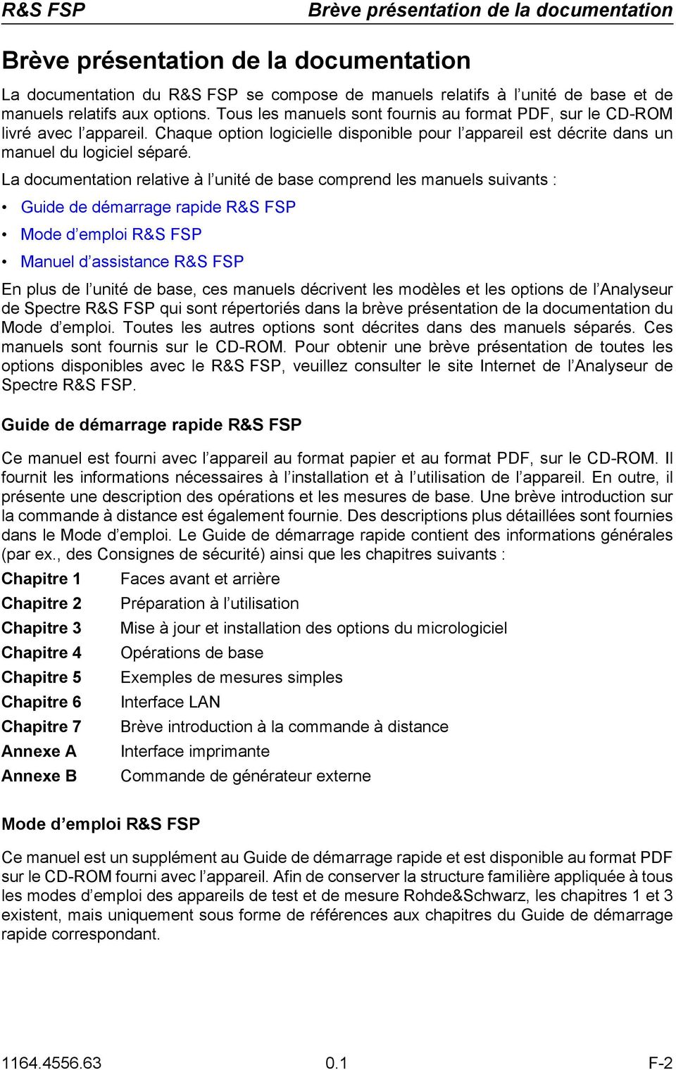 La documentation relative à l unité de base comprend les manuels suivants : Guide de démarrage rapide R&S FSP Mode d emploi R&S FSP Manuel d assistance R&S FSP En plus de l unité de base, ces manuels