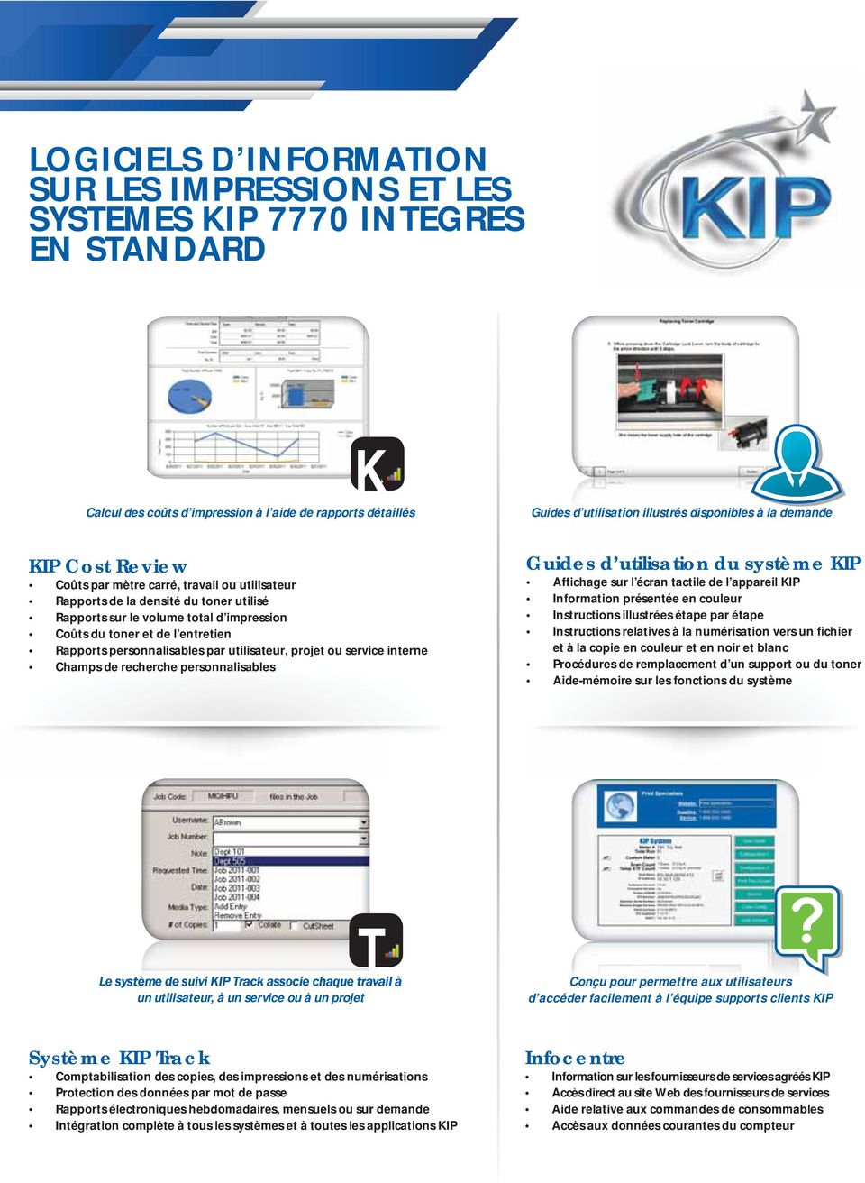 personnalisables par utilisateur, projet ou service interne Champs de recherche personnalisables Guides d utilisation du système KIP Affichage sur l écran tactile de l appareil KIP Information