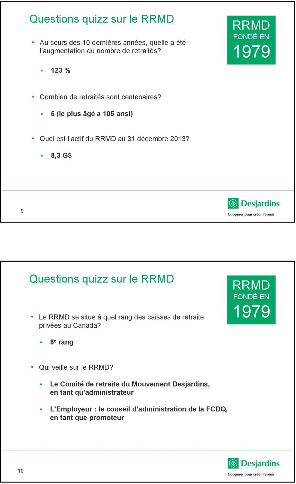 8,3 G 9 Questions quizz sur le RRMD Le RRMD se situe à quel rang des caisses de retraite privées au Canada?